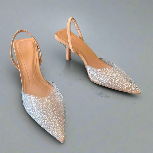 Pearl-Decorated Slingback High Heel Pumps