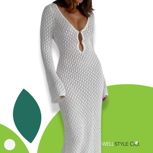 White Knit Deep V-Neck Beach Dress